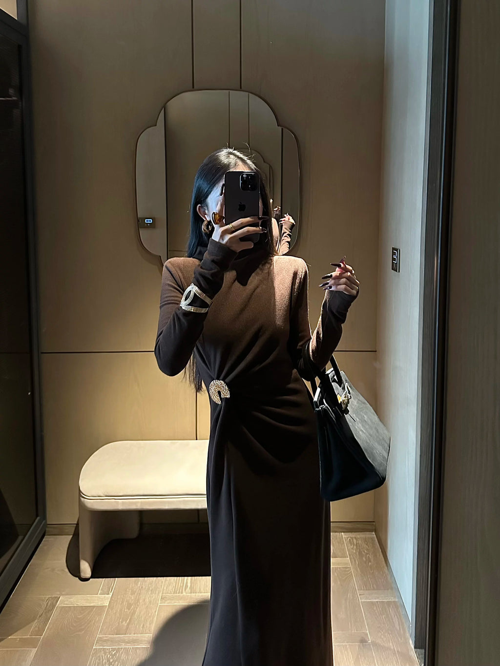 CHUYUQI Semi-turtleneck Pleated Slim-fitting Long-sleeved Dress