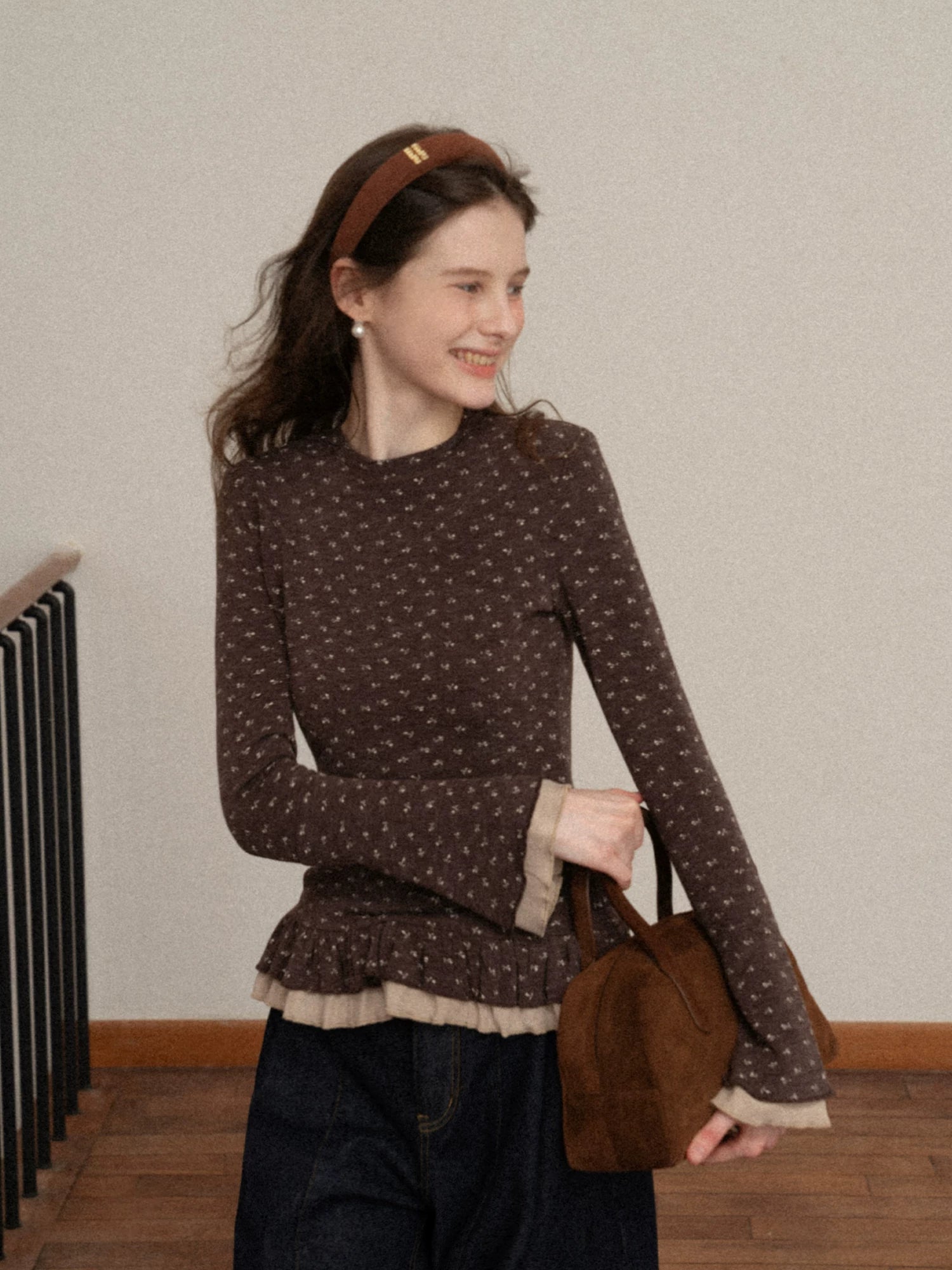 EGGKA Double-layer Lace Polished Floral Slim-fit Long Sleeves