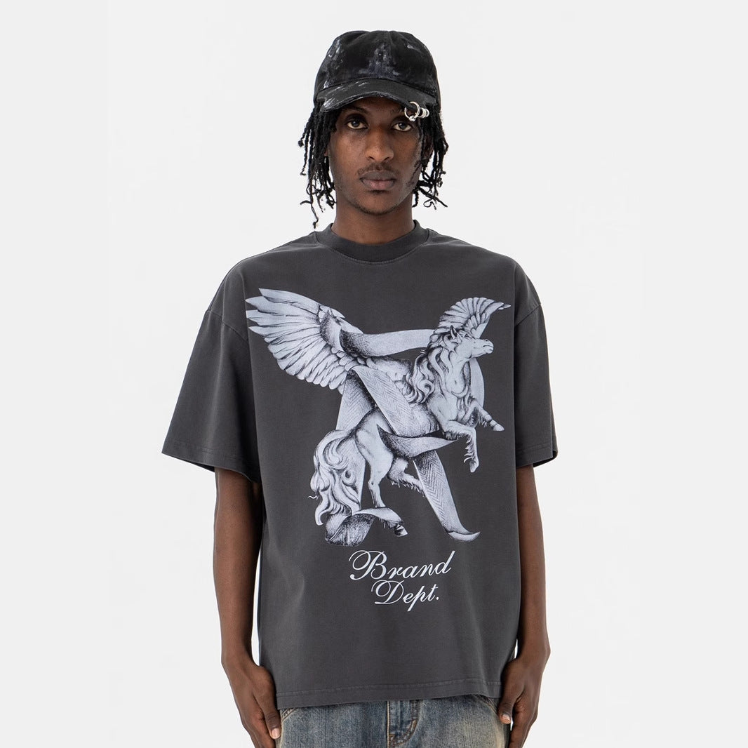 SUPER WAY Pegasus Printing Tide Brand Printing Loose and Versatile Tee