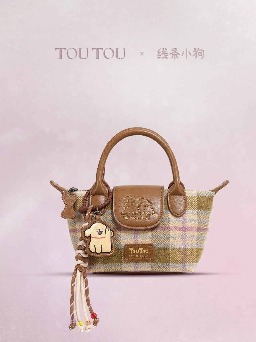 TOUTOU Line Puppy Plaid Woolen Messenger Bag