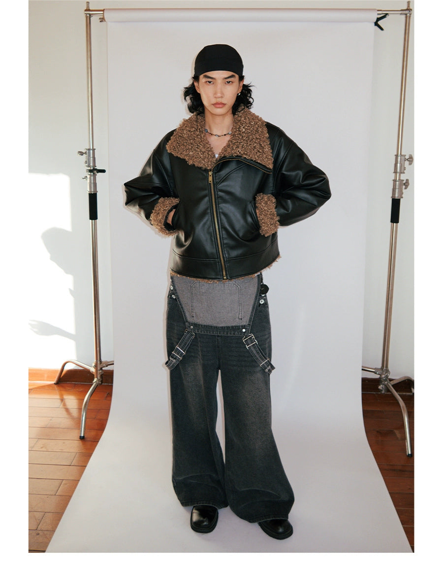 FUNKYFUN Leather Contrasting Spliced Cotton Jacket