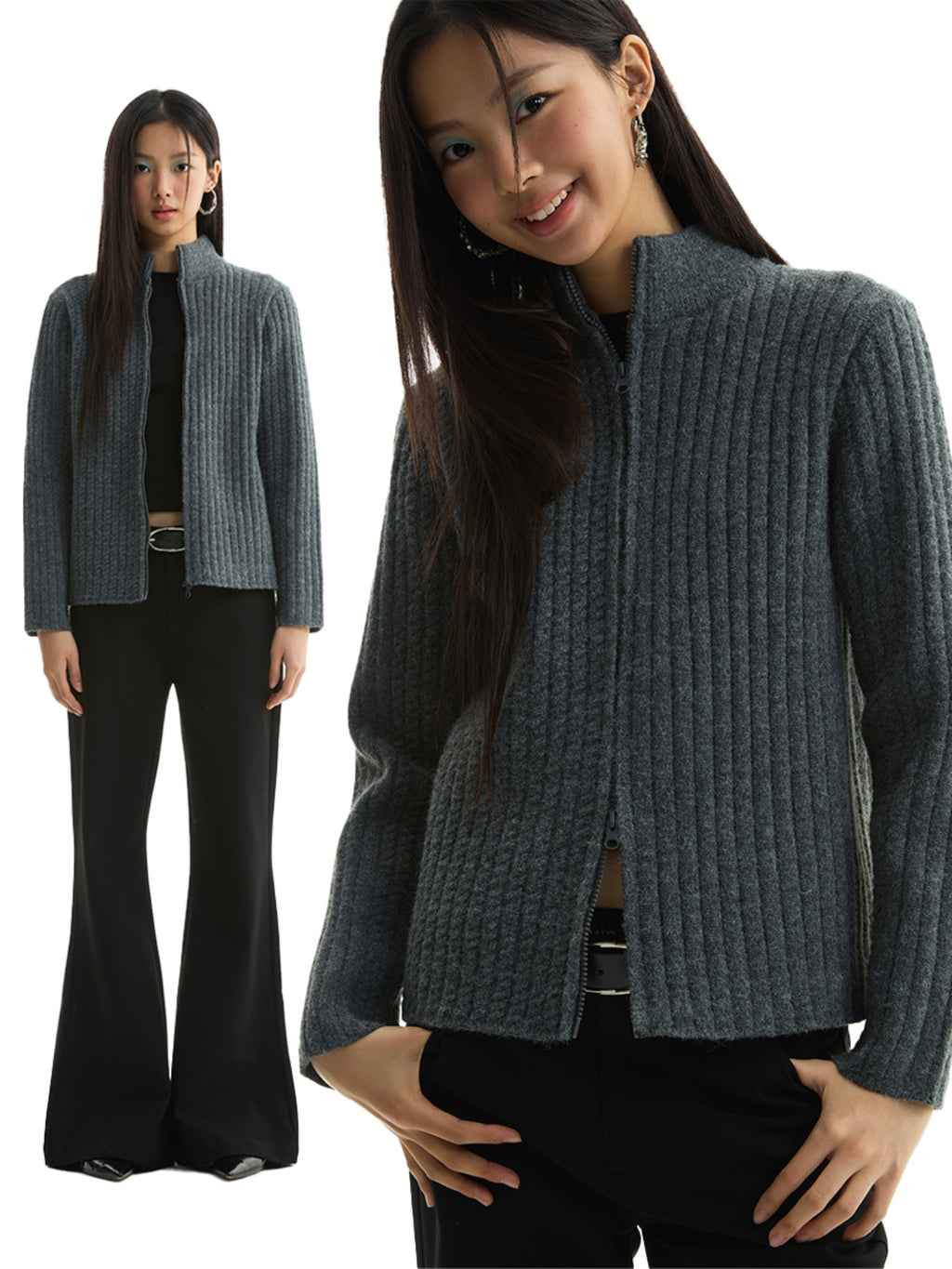 FUNKYFUN Twist Double Pit Strip Zipper Knitted Sweater Jacket