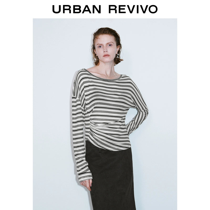 URBAN REVIVO Contrast Striped Slash Neck Pleated Long Sleeve