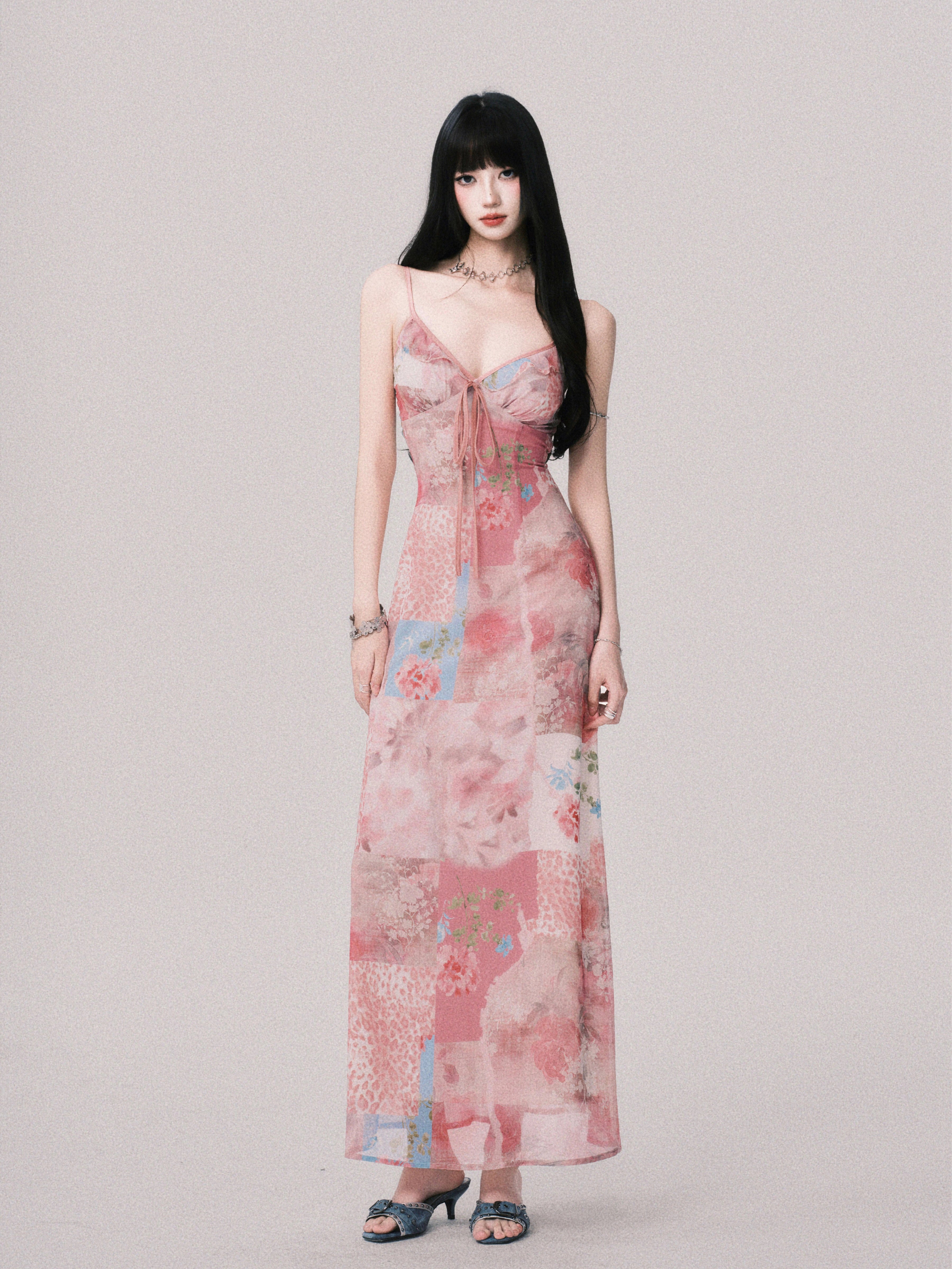 LULUSWINGS Beach Resort V-neck Splicing Print Suspender Skirt