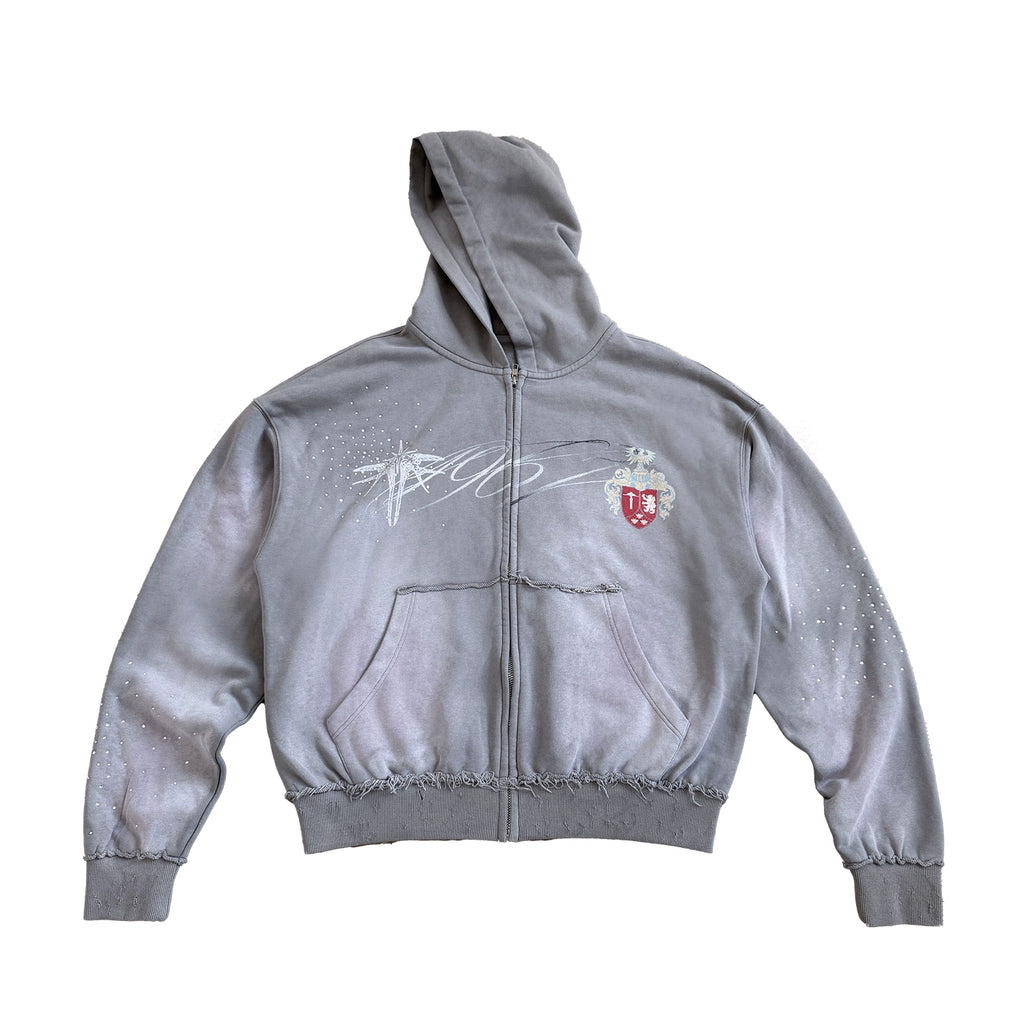 WASE Old Damage Print Hooded Hot Drill Short Wide Zipper Sweater