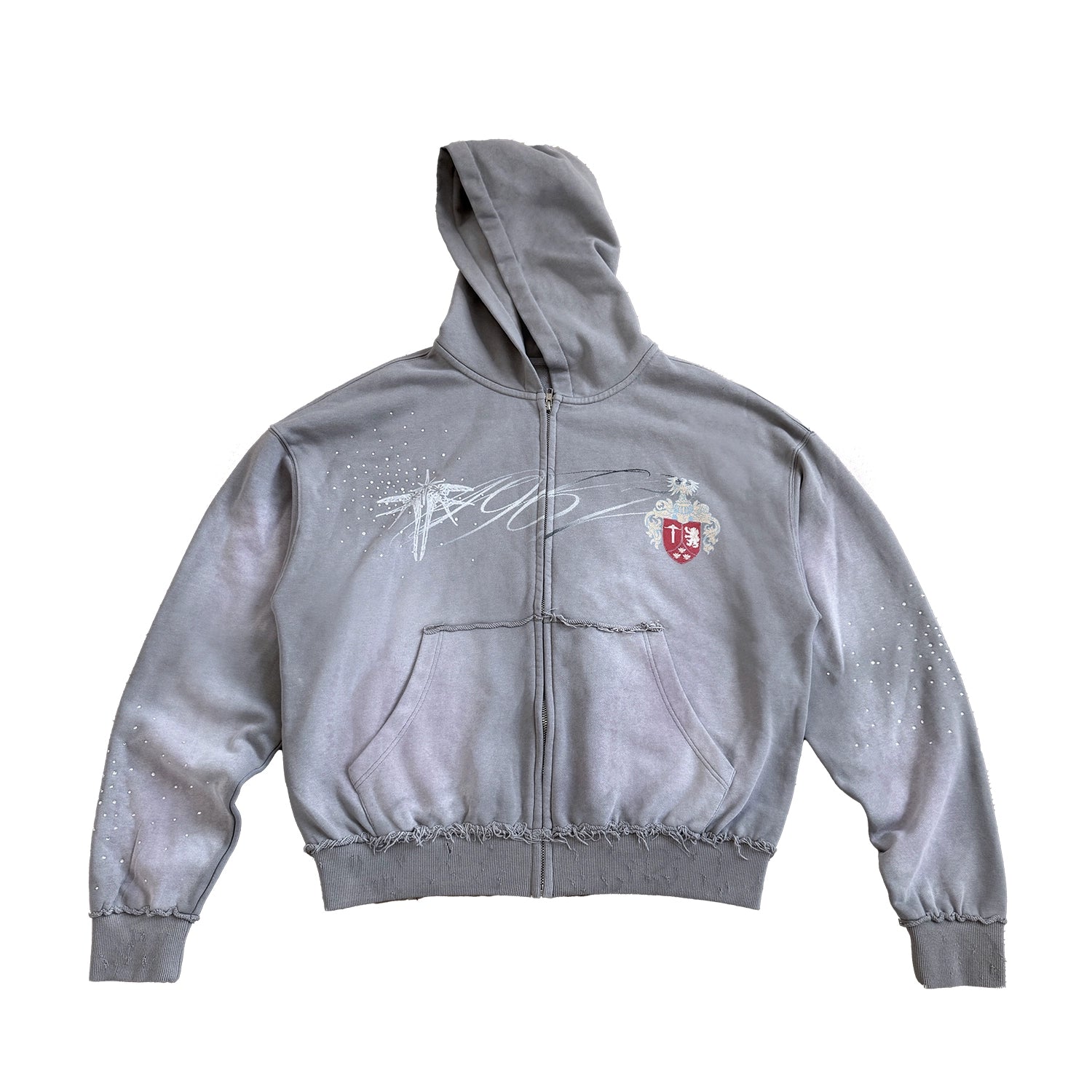 WASE Old Damage Print Hooded Hot Drill Short Wide Zipper Sweater