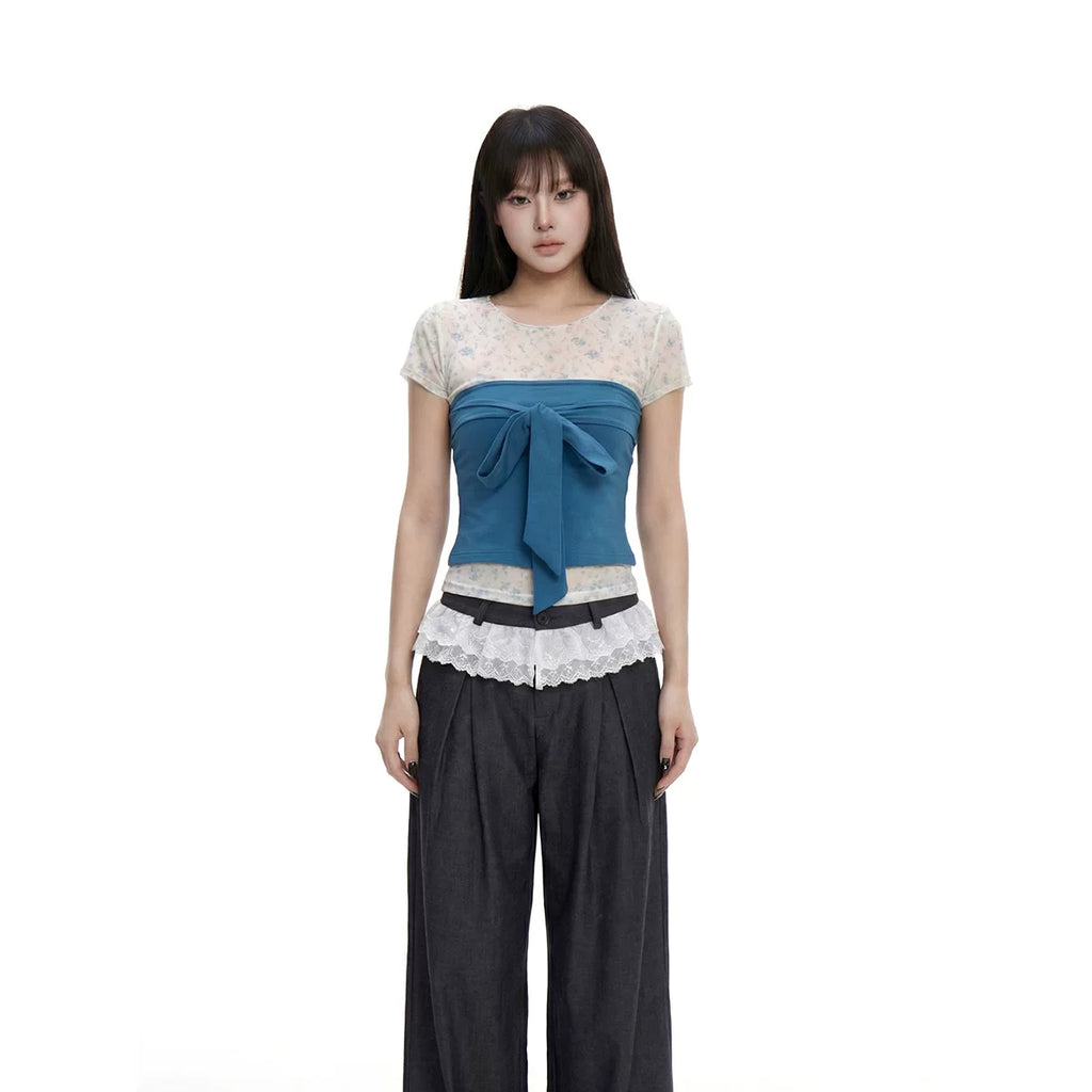 WITHMIN Bow Tube Top Small Floral T-shirt Two-piece Set