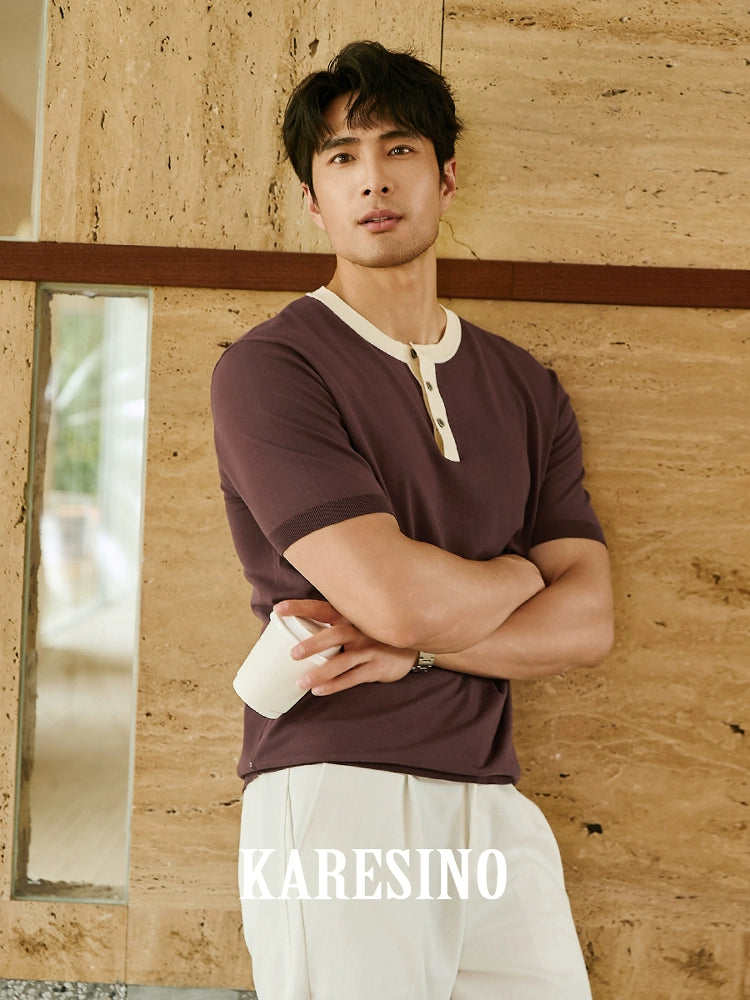 KARESINO Contrasting Color Splicing Cold Silk Cool Knitted Polo Shirt