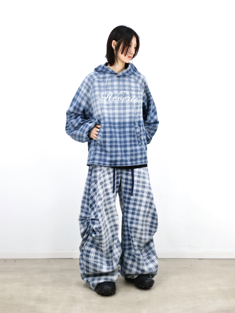 RELABEL Bump Studs Gradual Change Plaid Hooded Denim Sweater