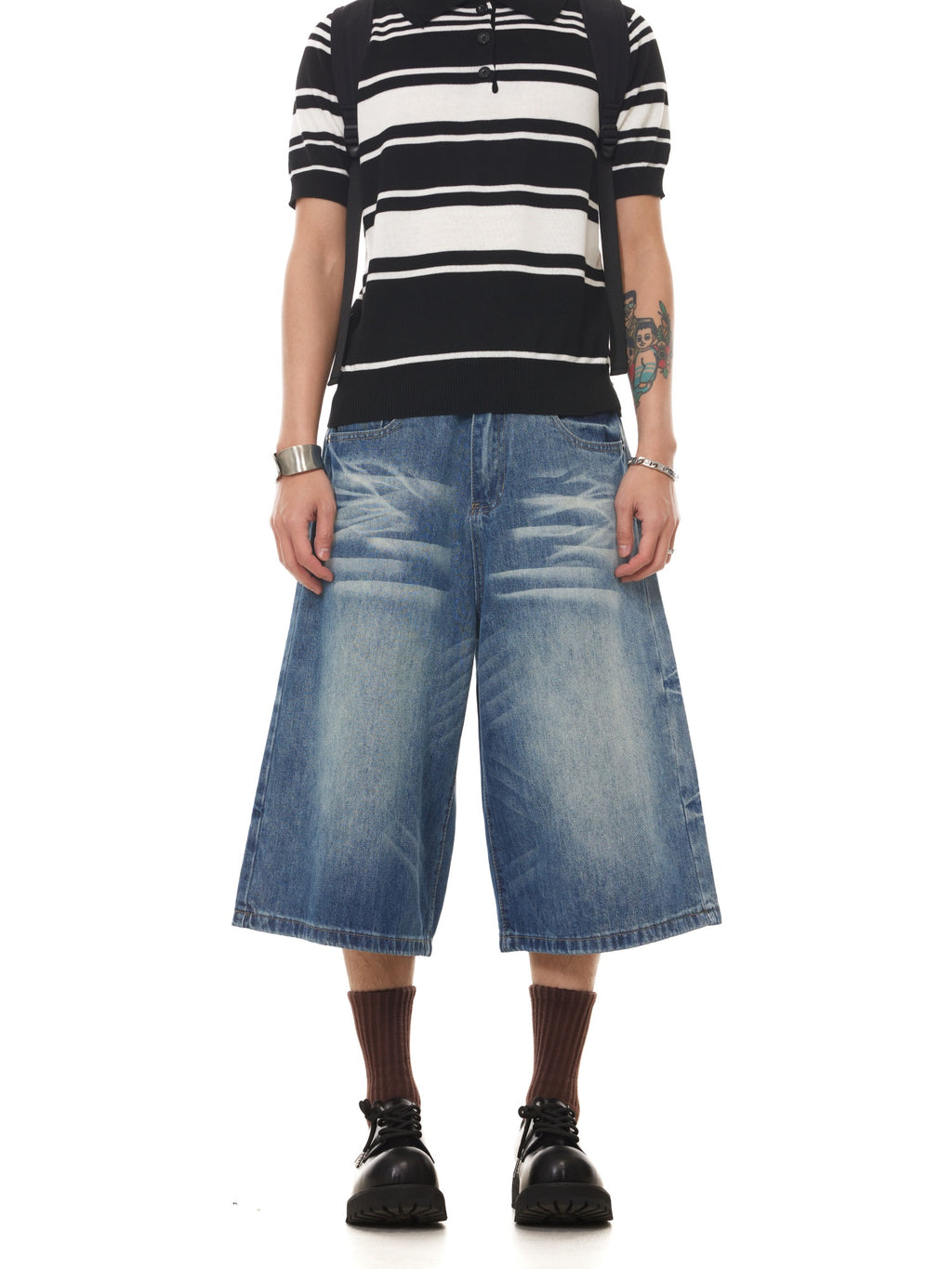 BTSG washed cat beard loose wide-leg denim shorts