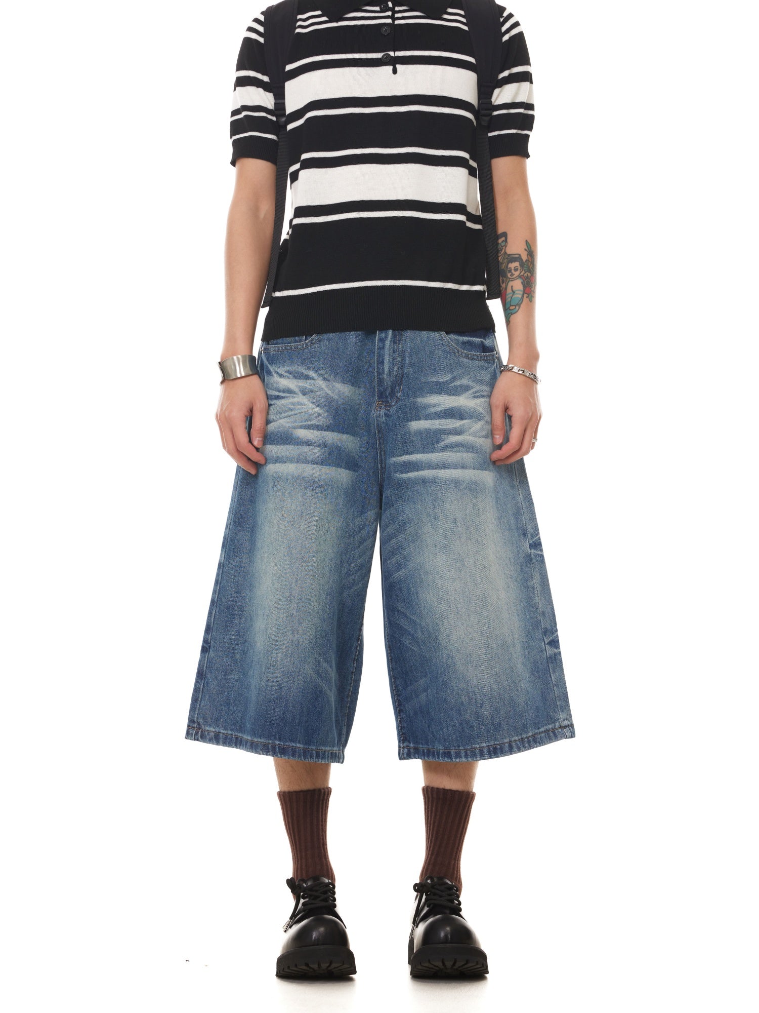 BTSG washed cat beard loose wide-leg denim shorts