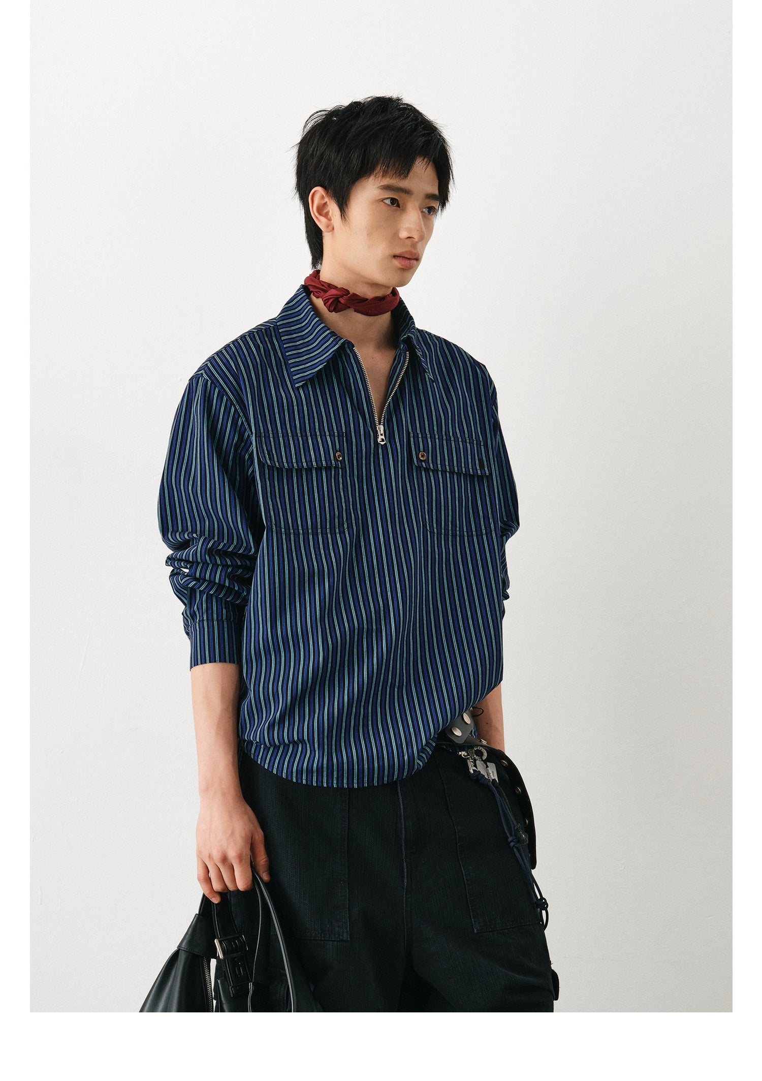 DIMC Vintage Striped Half Zip Long Sleeve Shirt