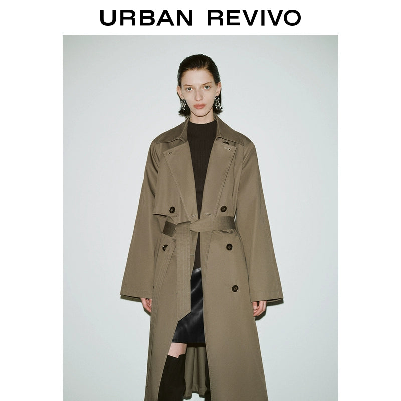 URBAN REVIVO Temperament British Style Double-breasted Waist Long Trench Coat