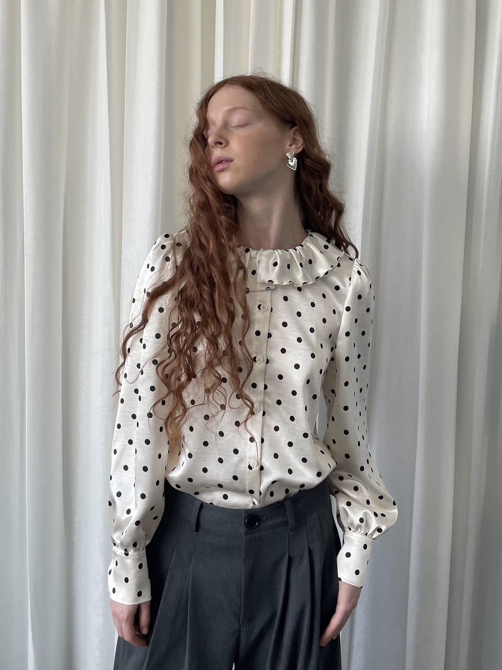 Loosesmell Fungus Edge Lace Collar Polka Dot Satin Long Sleeve Shirt