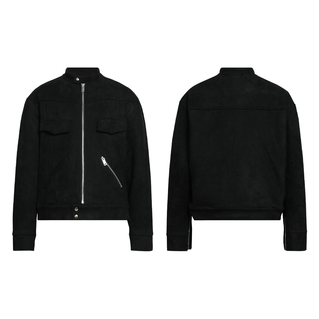 FUNKYFUN 2024AW black suede small stand-up neck zipper loose jacket jacket