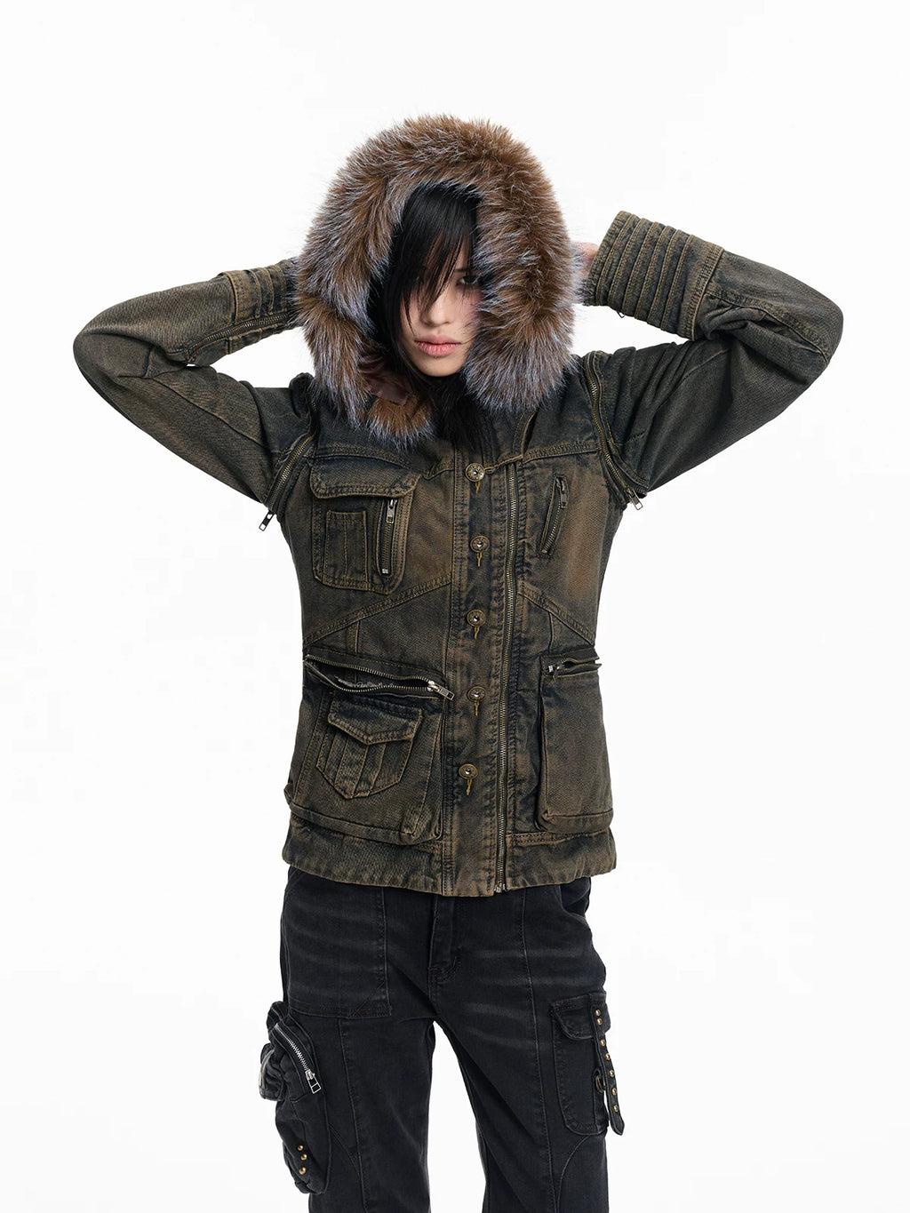 Lightinus Removable Sleeve Fur Collar Two Wear Strap Waist Denim Jacket
