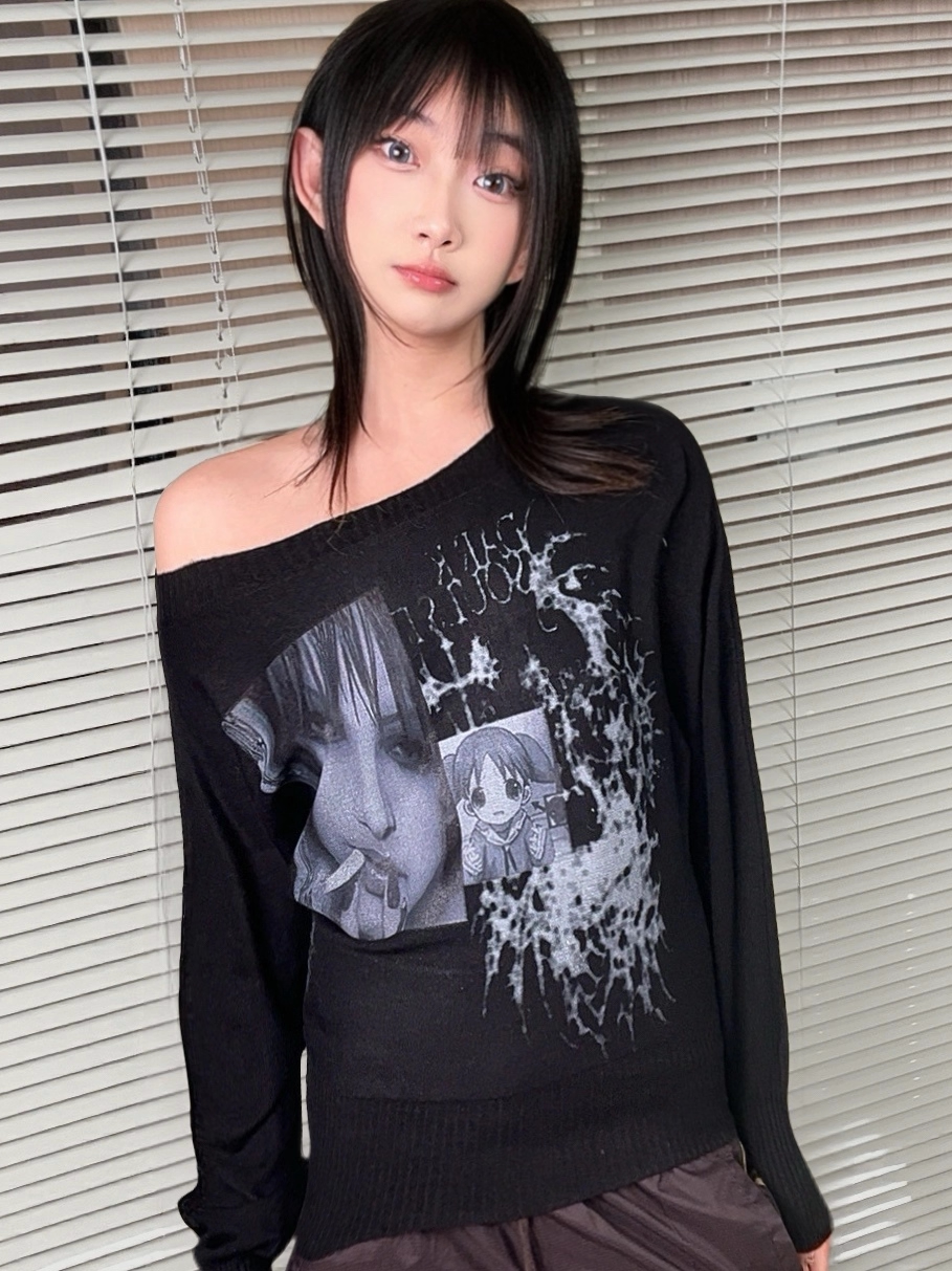 WEBBAR Slanted Shoulder Big Neckline Sweater
