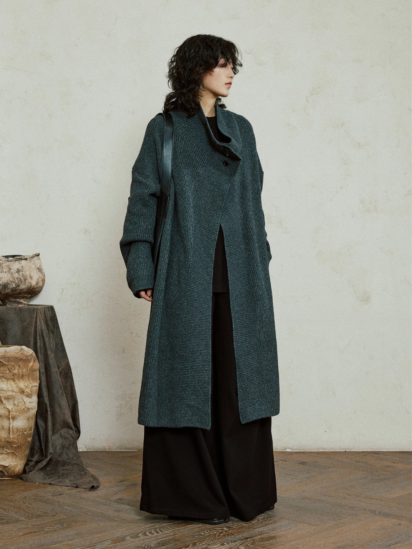 SUNYVONNE Irregular Swinging Collar Long Sweater Jacket