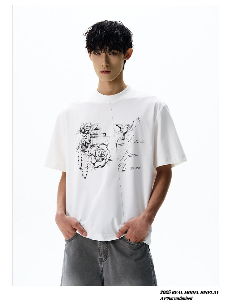 A PUEE Hand-painted Print Casual Loose and Versatile Tee