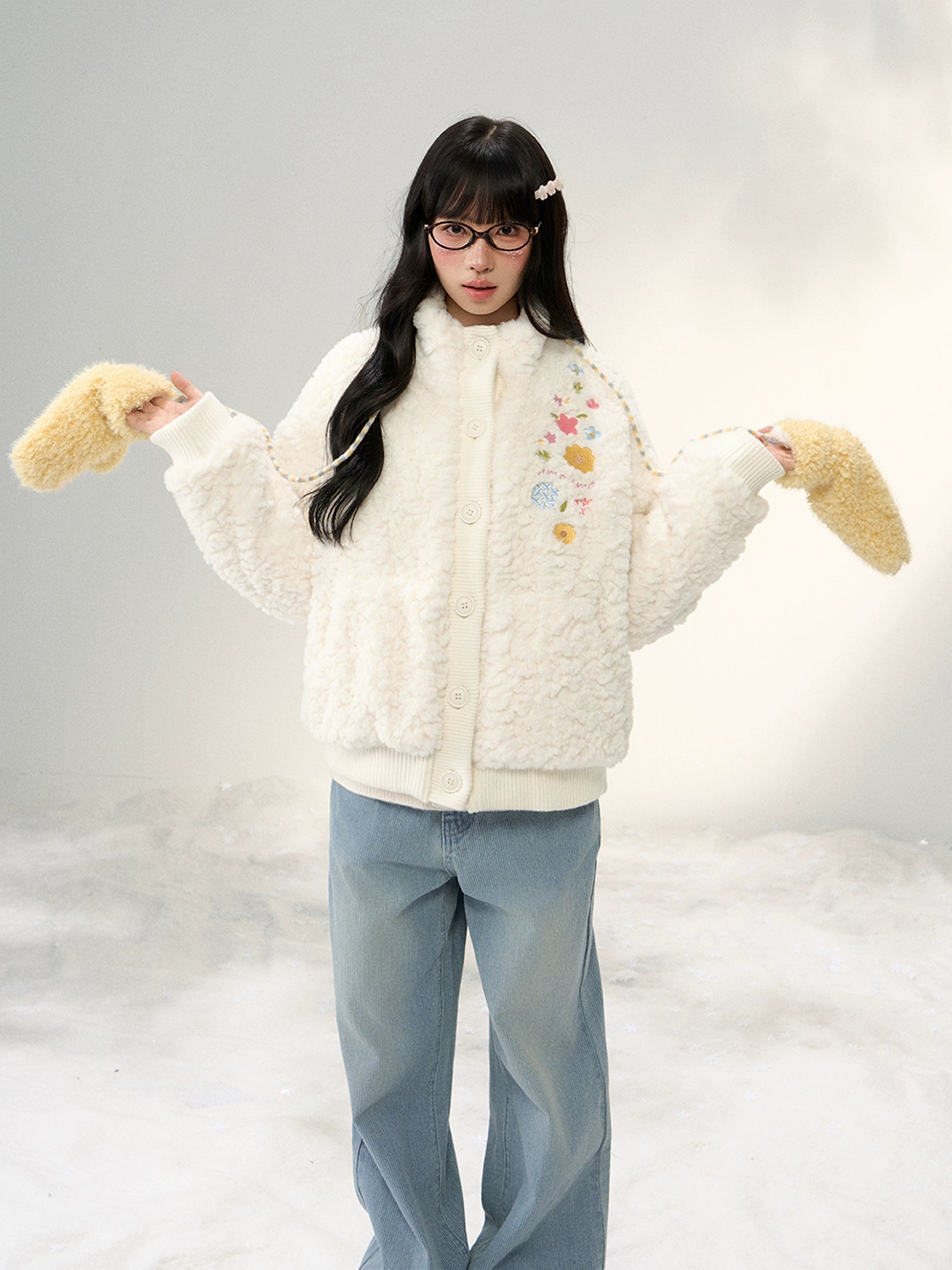 Umoumo Flower Embroidery Knitted Splicing Stand-up Collar Fur Jacket