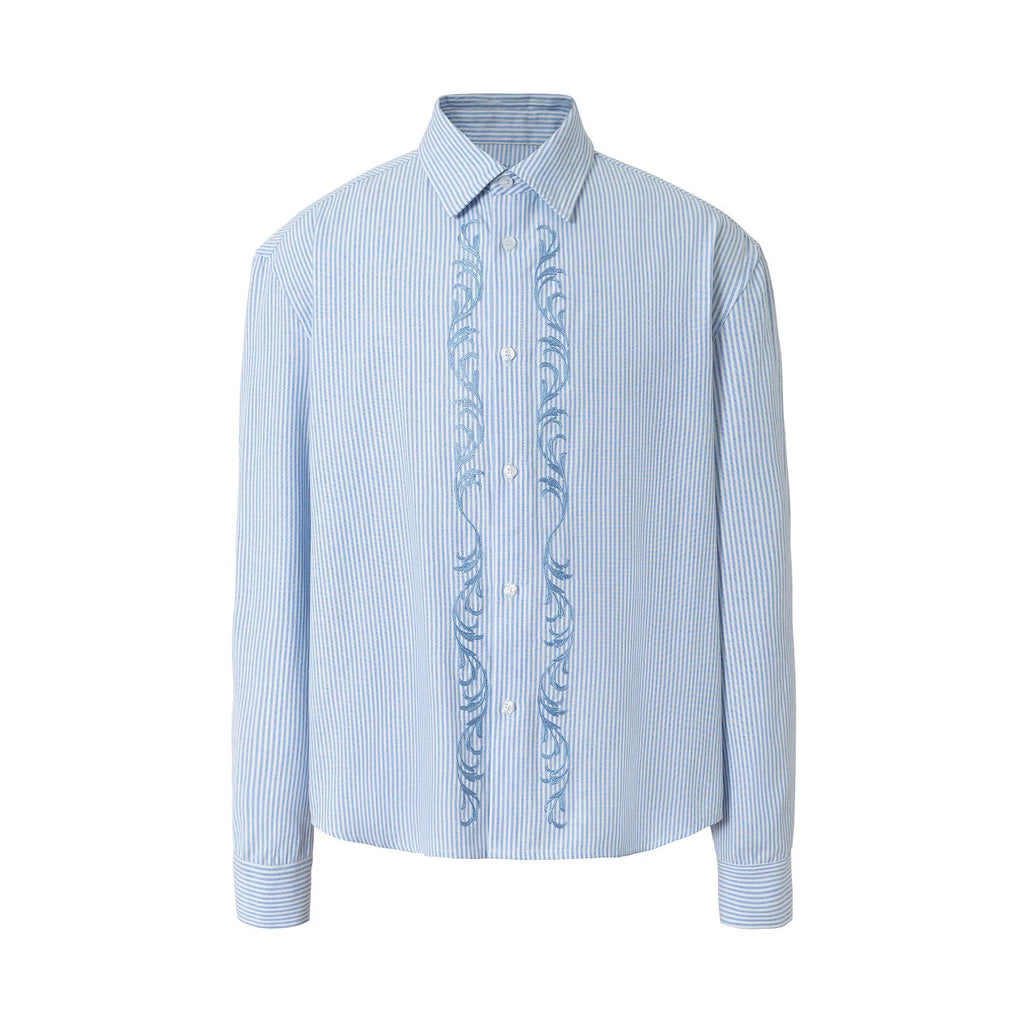 YADcrew Striped Embroidered Simple Casual Lapel Long Sleeve Shirt