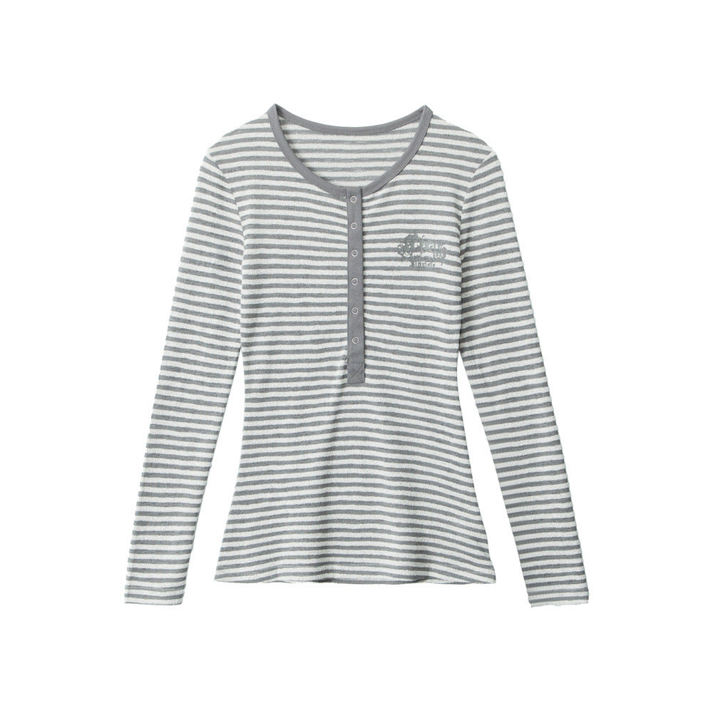 Nariele Henry Collar Slim Skinny Striped Long Sleeves