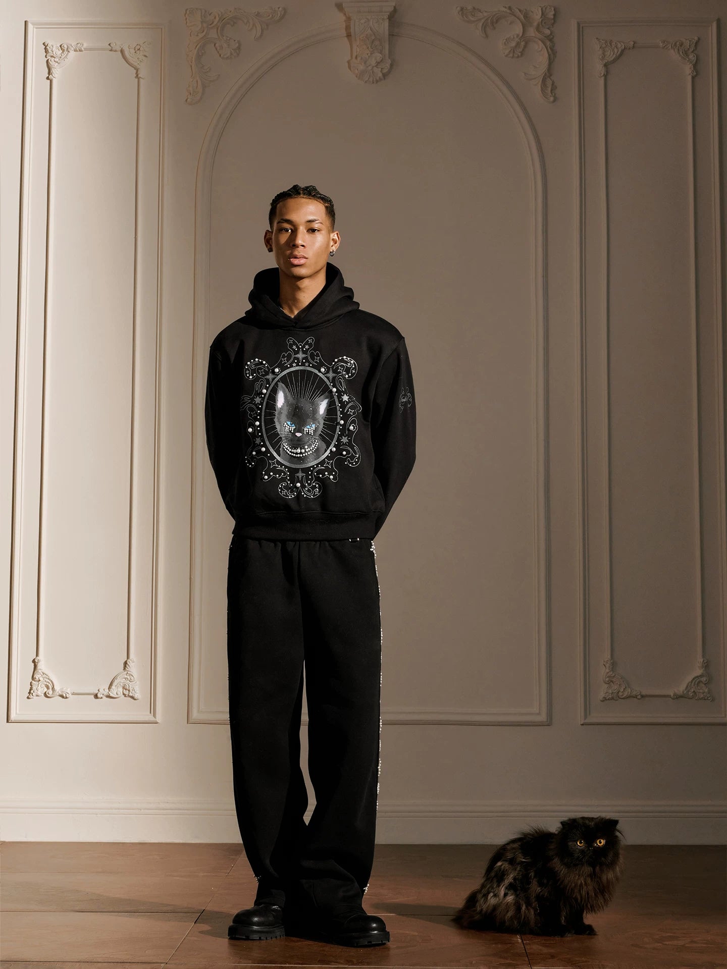 YADcrew Cat Print Hooded Sweater