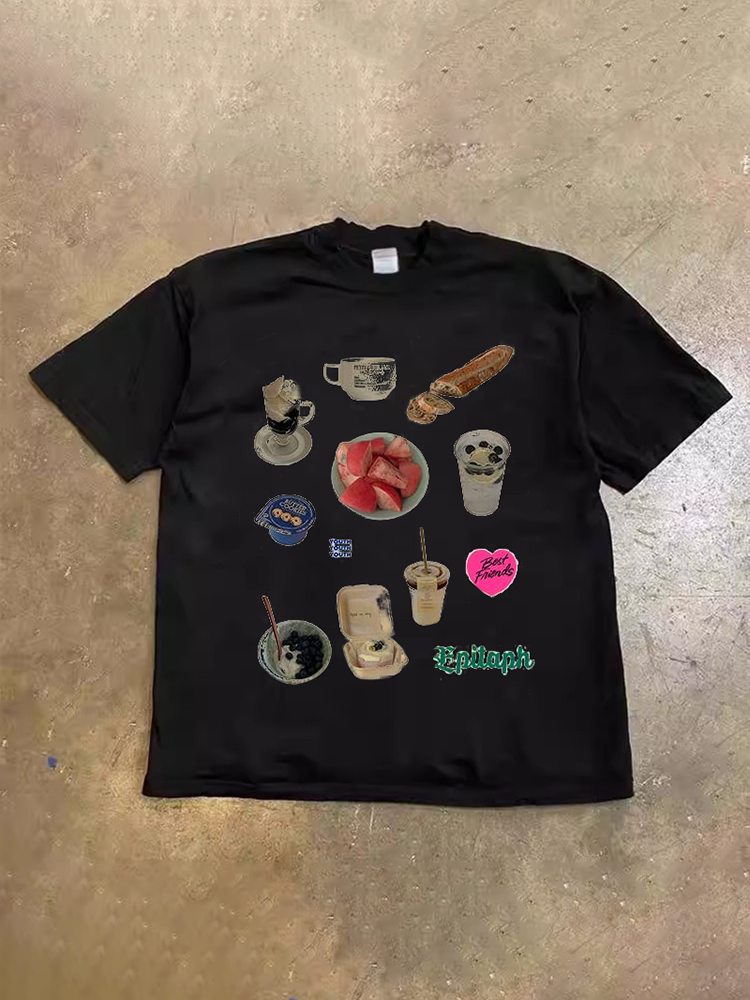 UPUPXIA Snack Splicing Print Oversize Casual Tee