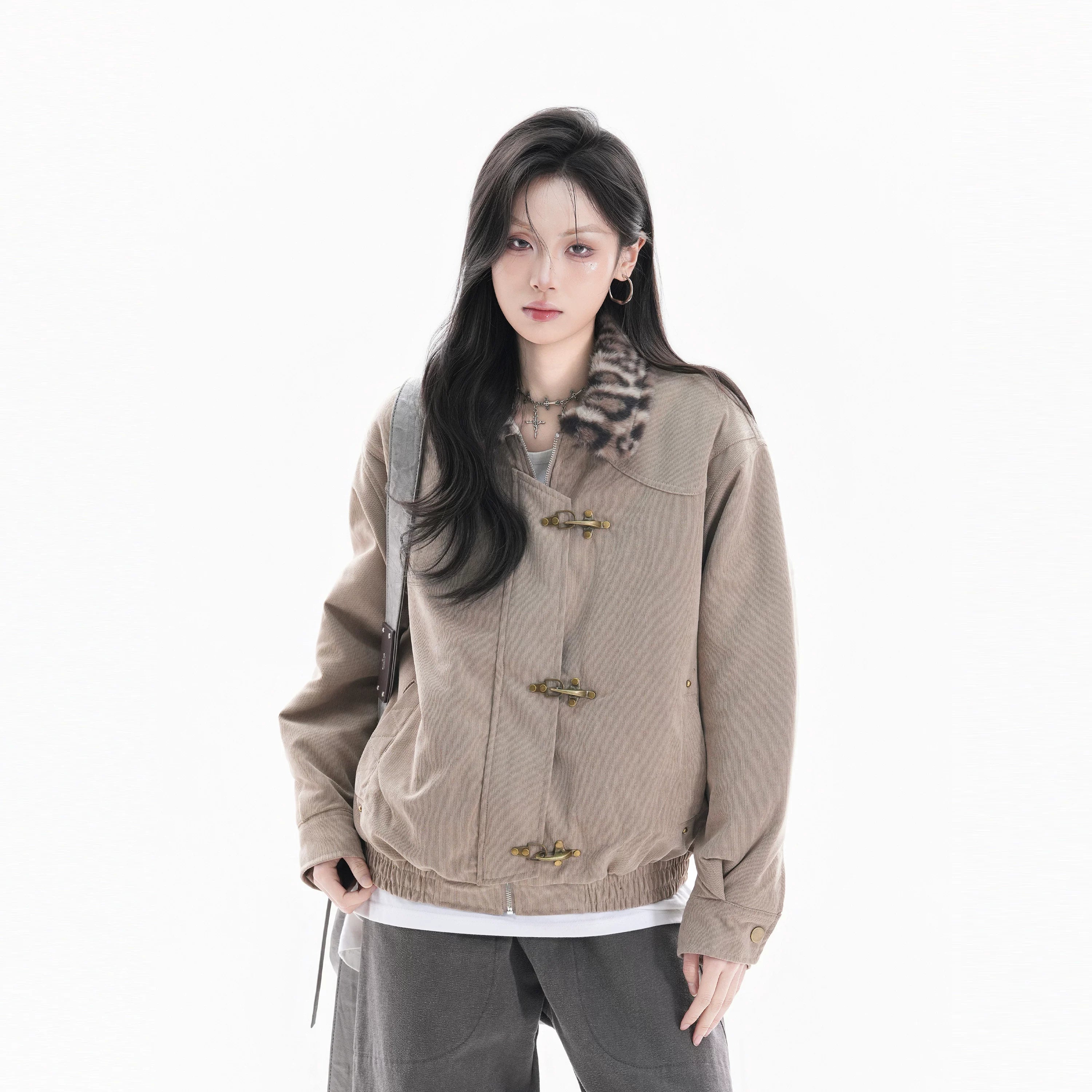 Zuocisankon Vintage Leopard Print Fur Collar Jacket