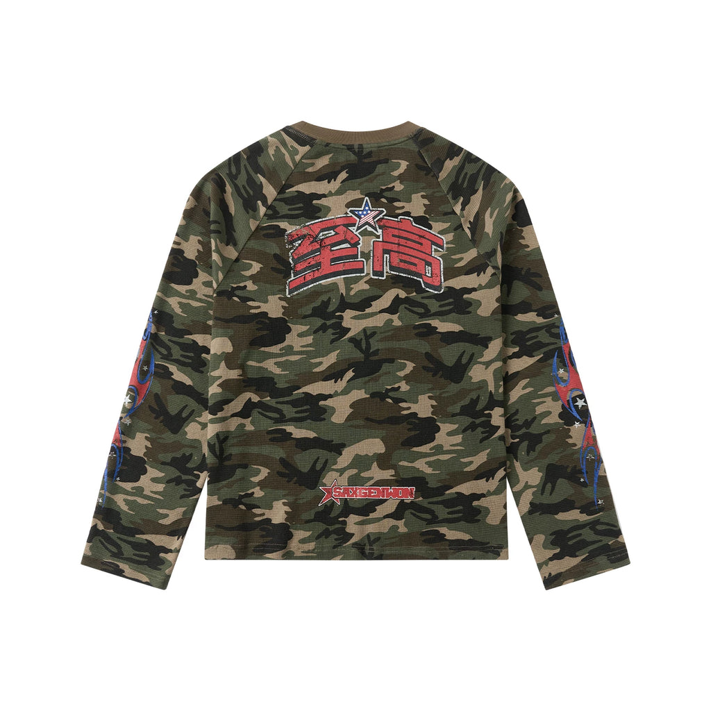 SAXGENWON Waffle Camouflage Knitted Long Sleeves