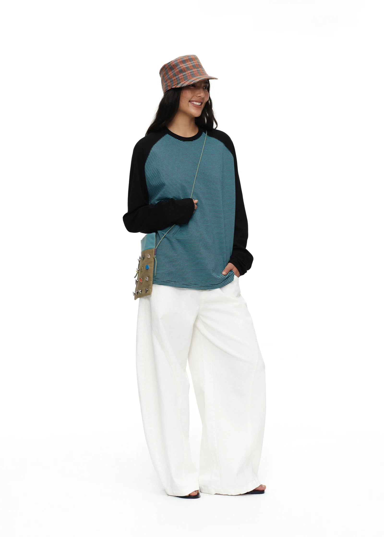 Oinimi Fun Button Contrast Striped Shoulder Bag