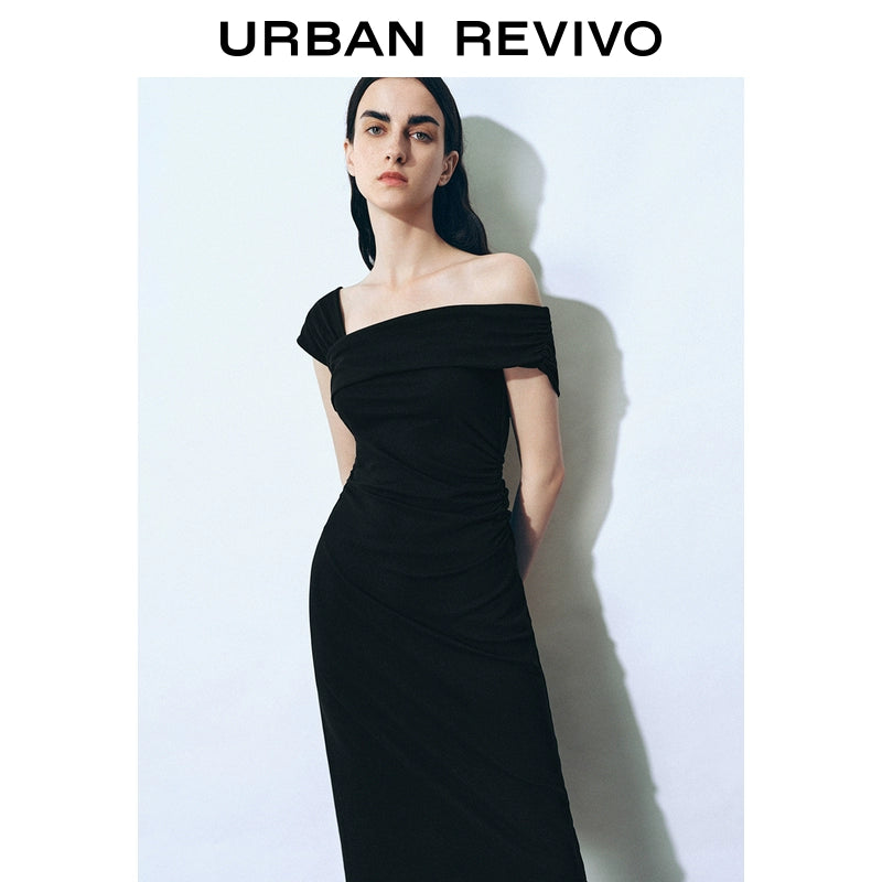 URBAN REVIVO Glamour Off-the-shoulder Pleated Waist Dress