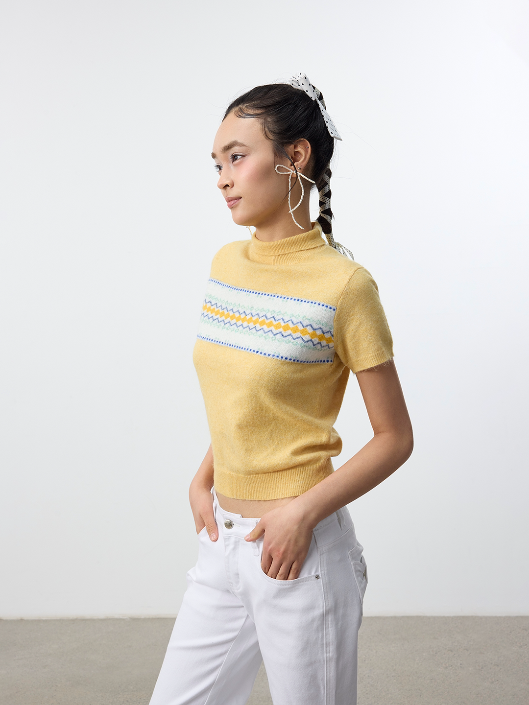 Set for life Lazy Sur fleece jacquard semi-turtleneck knitted short sleeves