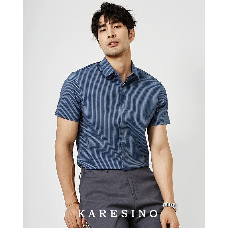 KARESINO Slim Fit Ice Silk Casual Striped Short Sleeve Shirt