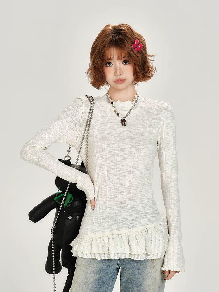 Girlyhalo Vintage Lace Paneled Crew Neck Long Sleeves