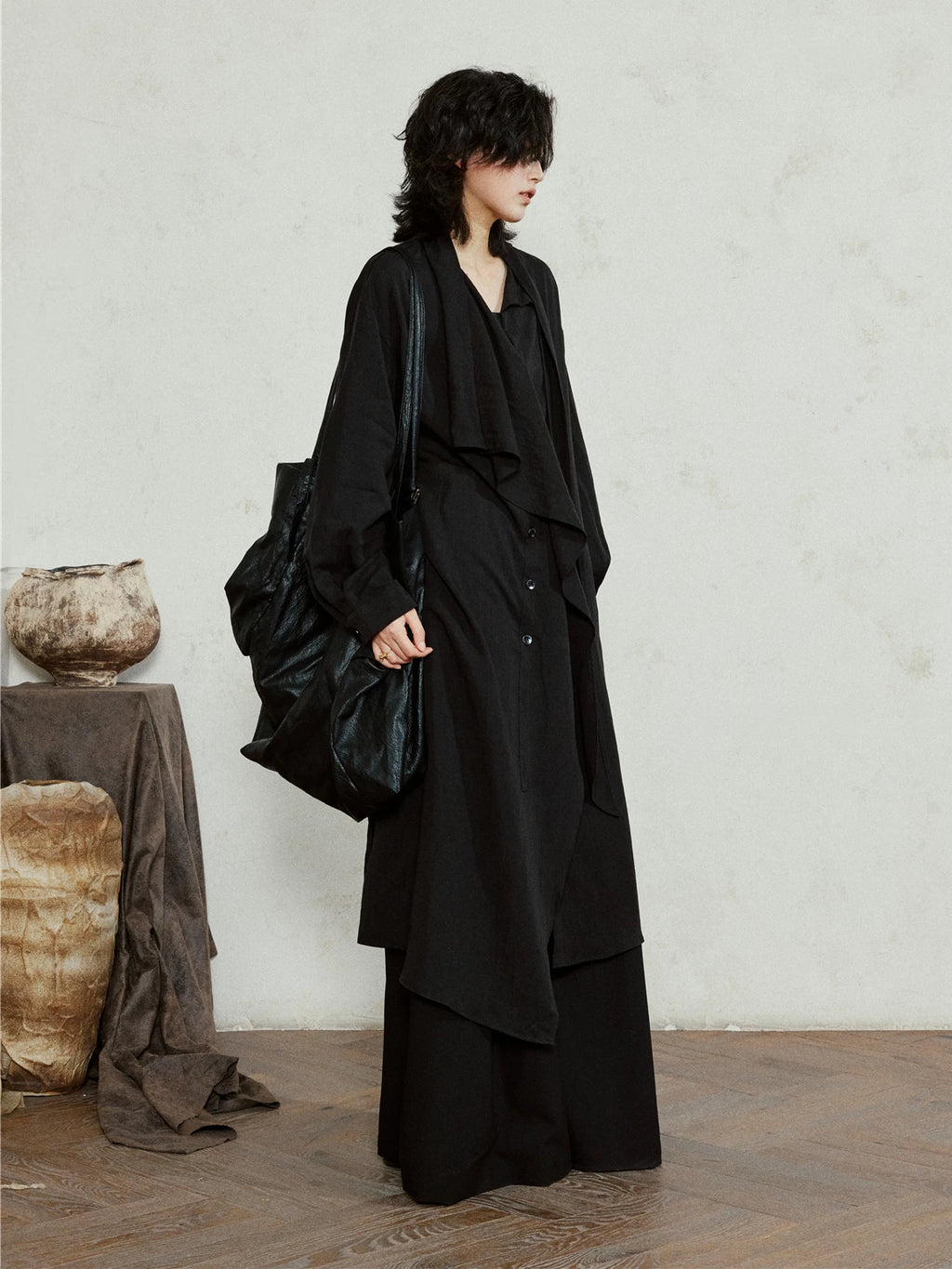 SUNYVONNE Asymmetrical Large Lapel Long Belted Coat