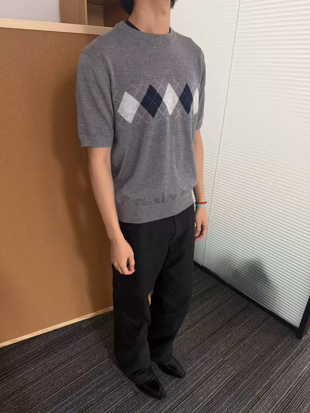 MANUSCRIPT Rhombus Breathable Front Shoulder Knitted Tee
