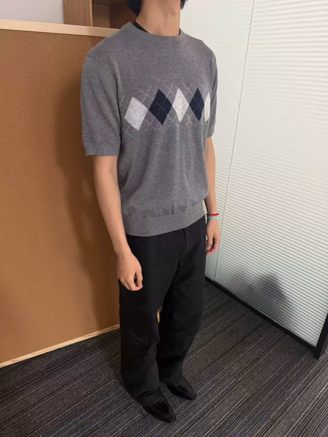MANUSCRIPT Rhombus Breathable Front Shoulder Knitted Tee