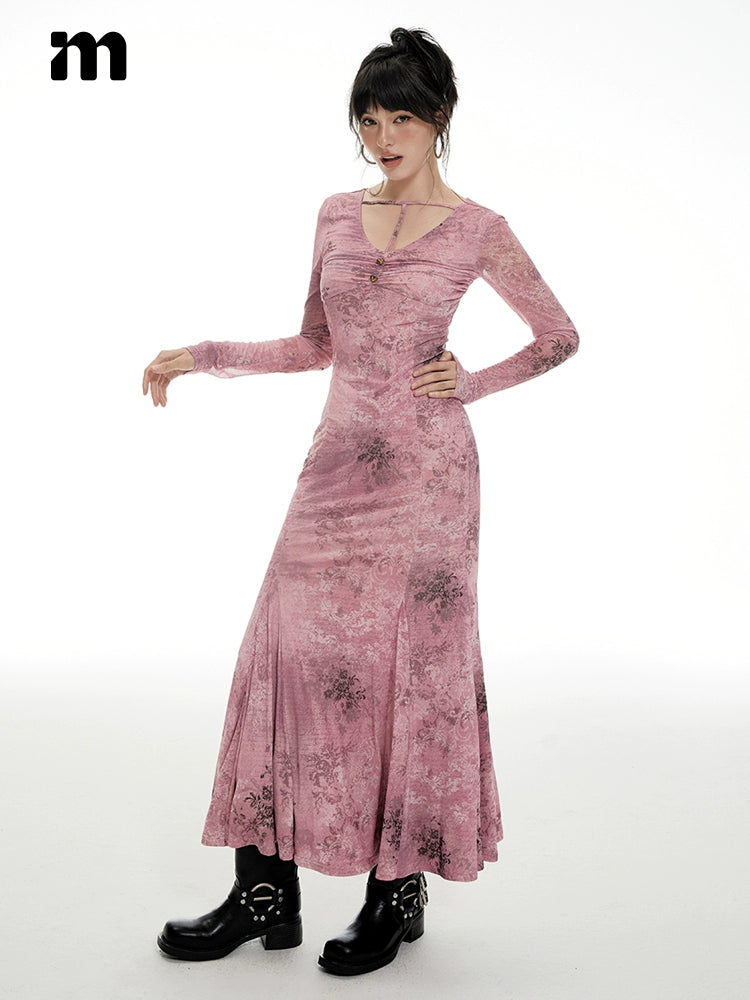 IMONE Vintage Slim Fit Alphabet Floral Full Printed Dress