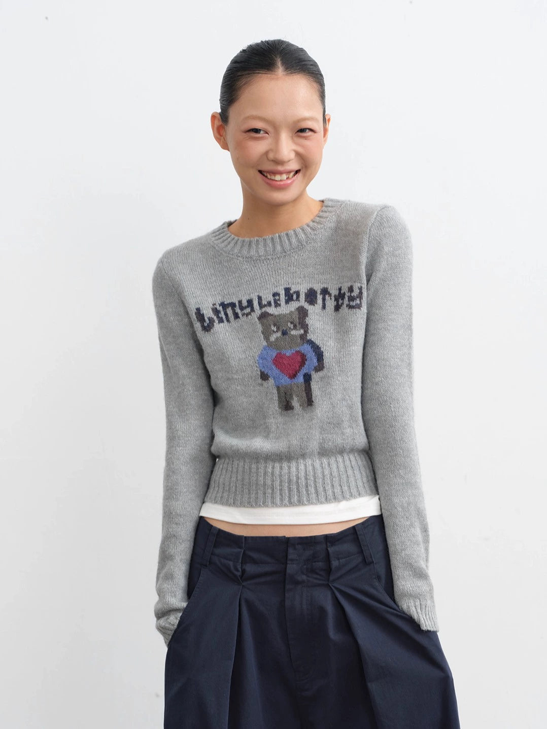 LINY LIBERTY Vintage Cartoon Bear Jacquard Knitted Long-sleeved Sweater