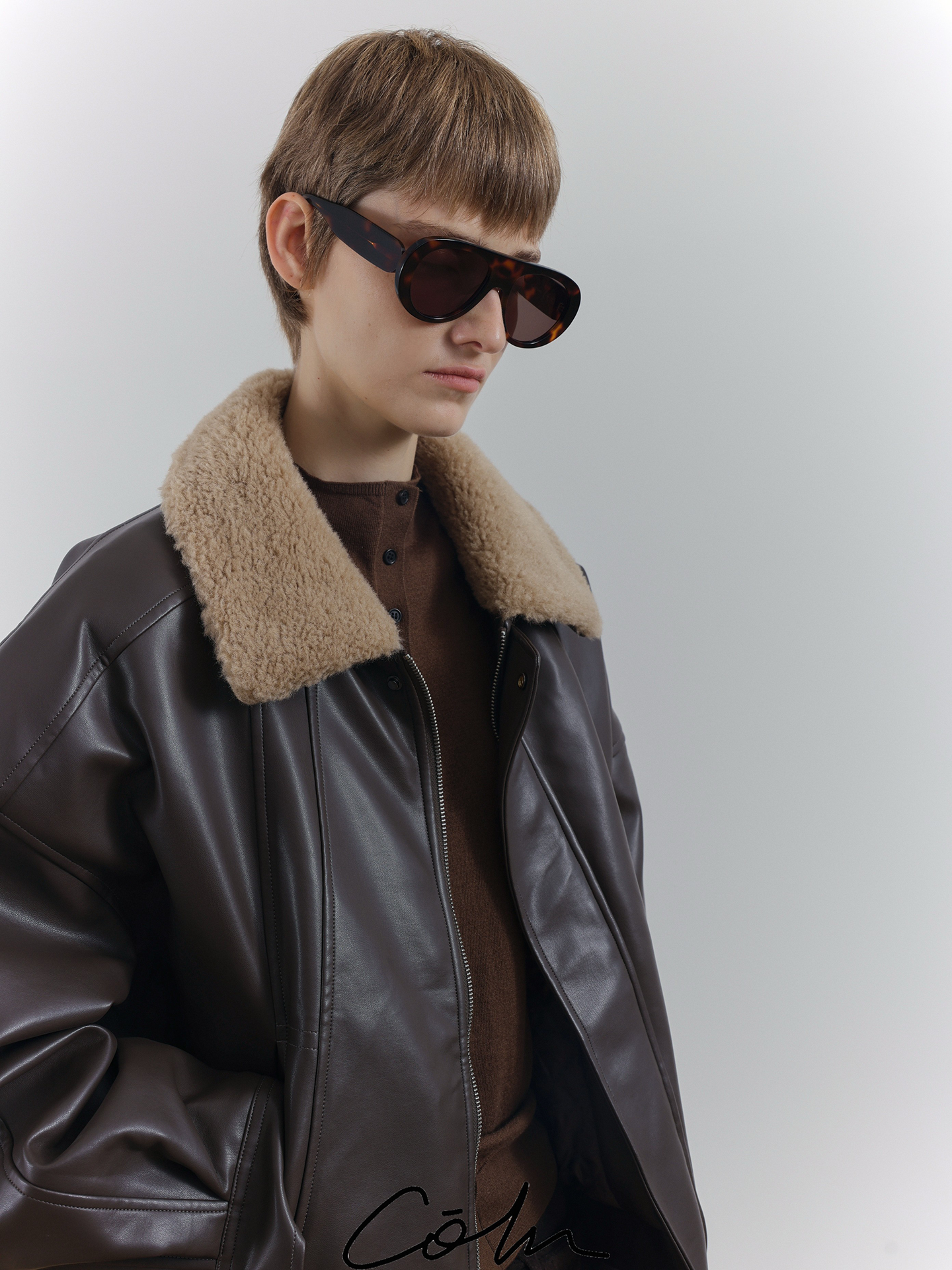 COLN PU Leather Jacket Sweater Collar Cotton Jacket