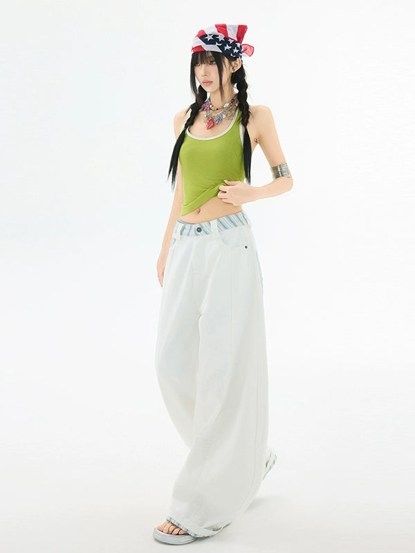 KPSR Splicing Checkered Scimitar Wide Leg Jeans