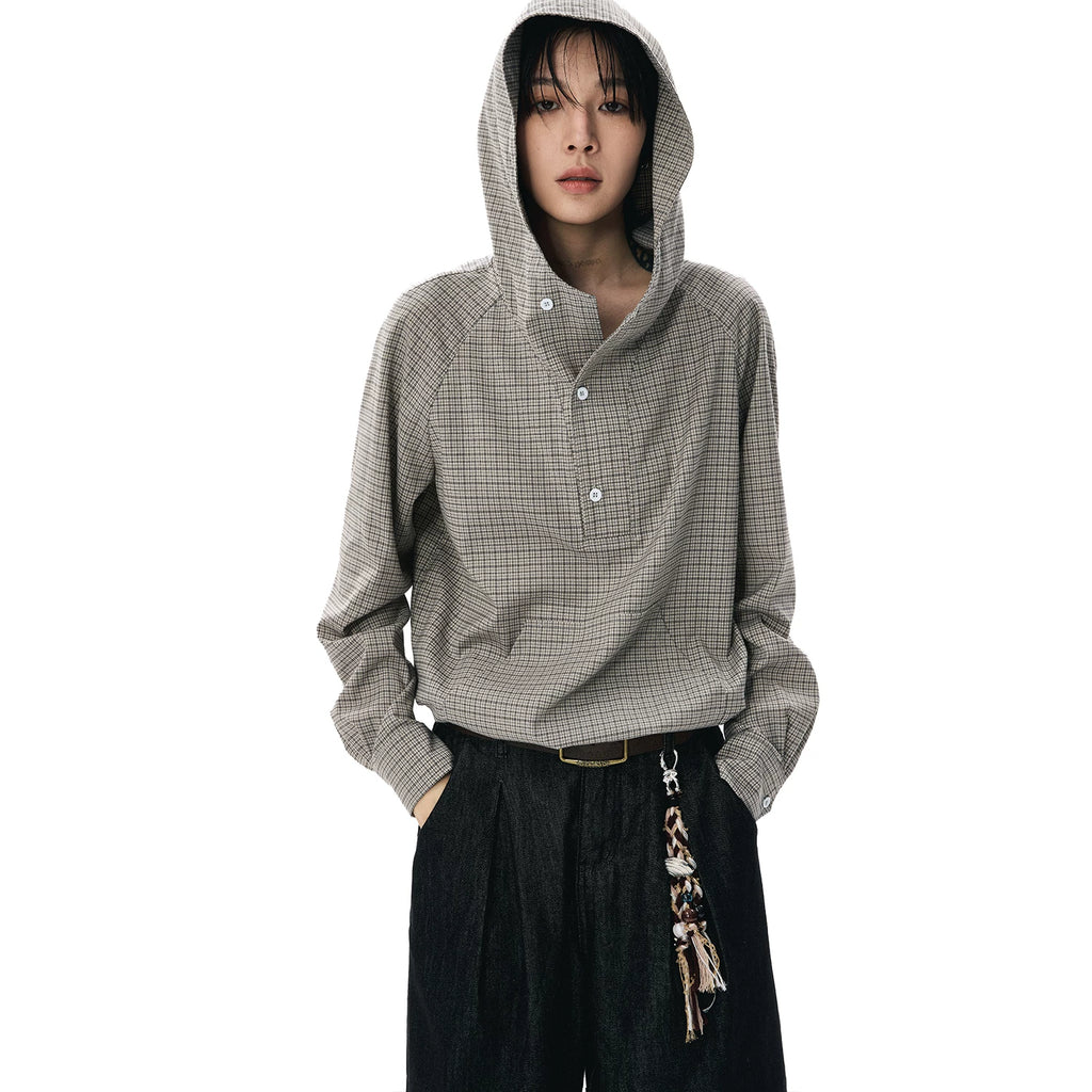 Sameuoo Hem Drawstring Hooded Plaid Long-sleeved Shirt