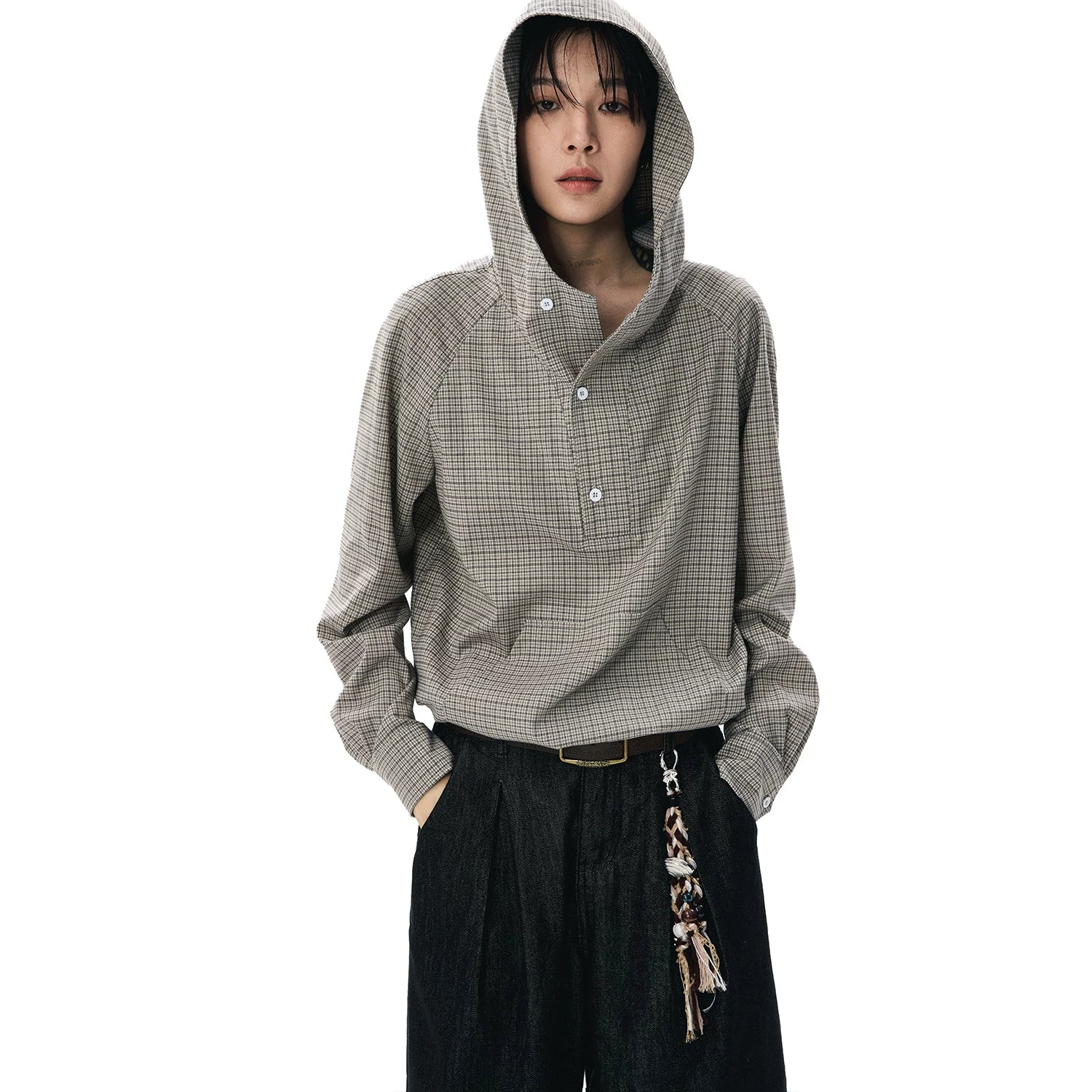 Sameuoo Hem Drawstring Hooded Plaid Long-sleeved Shirt