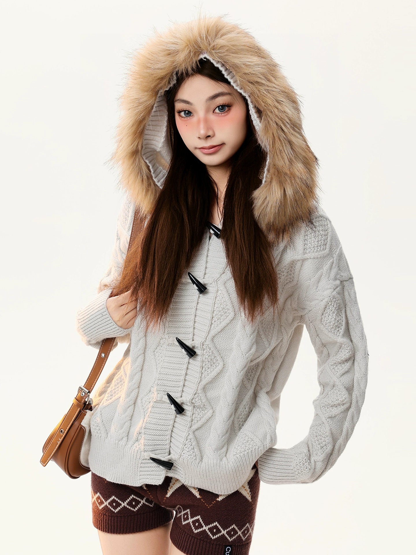 Mershier Fur Collar Twist Hooded Knitted Jacket