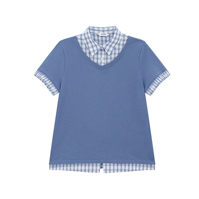 KANO Contrasting Color Lattice Splicing Fake Two-piece Tee