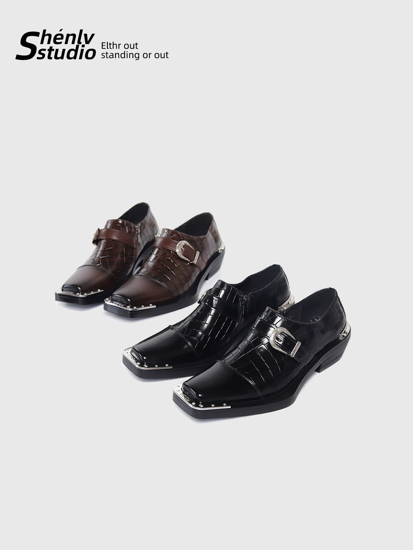 SHENLV STUDIO High-heeled Metal Buckle One-pedal Leather Shoes