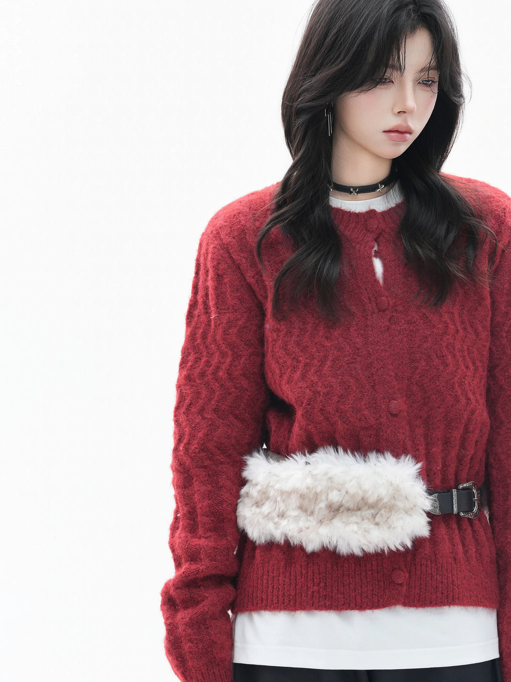 Zuocisankon Detachable Fur Collar Twist Knitted Cardigan Sweater