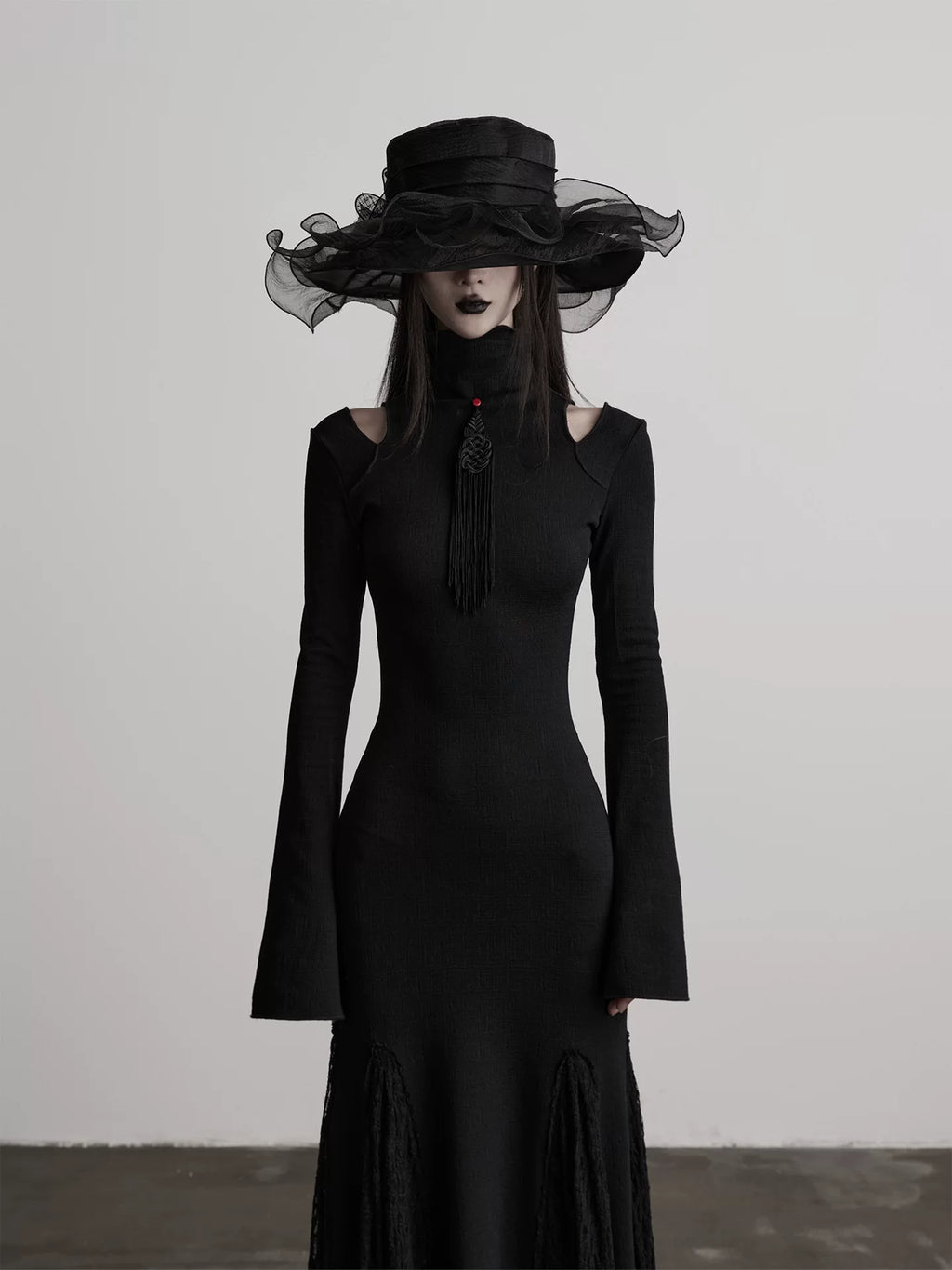 INDULGE Stand-up Collar Hollow Elastic Knitted Splicing Fishtail Slim-fit Dress