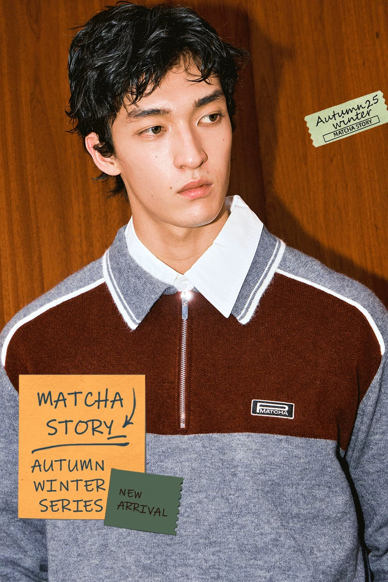 MATCHA STORY Contrast Polo Neck Loose Knitted Sweater
